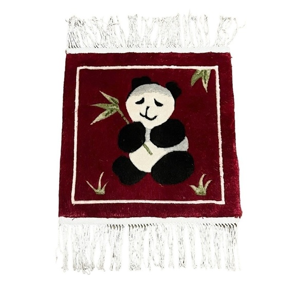 Panda Bear Silk Pictorial Fringe Rug with Bamboo Leaves Dark Red 12" X 13" - Picture 1 of 5